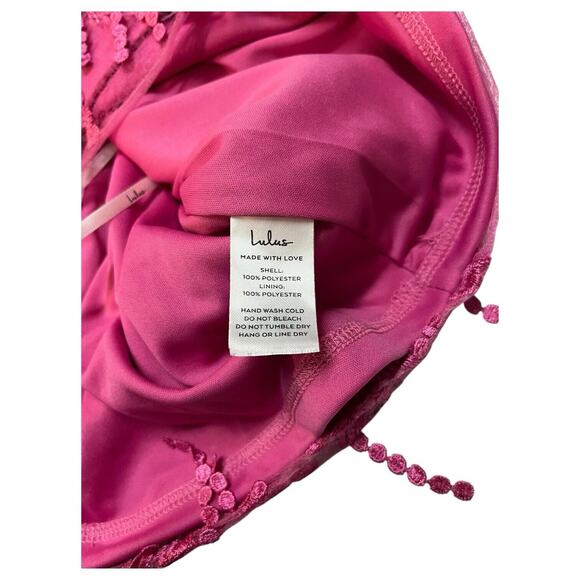 New Lulus Dress Womens M Making Magic Fringe Lace Up Mini Overlay Bright Pink - Picture 14 of 16